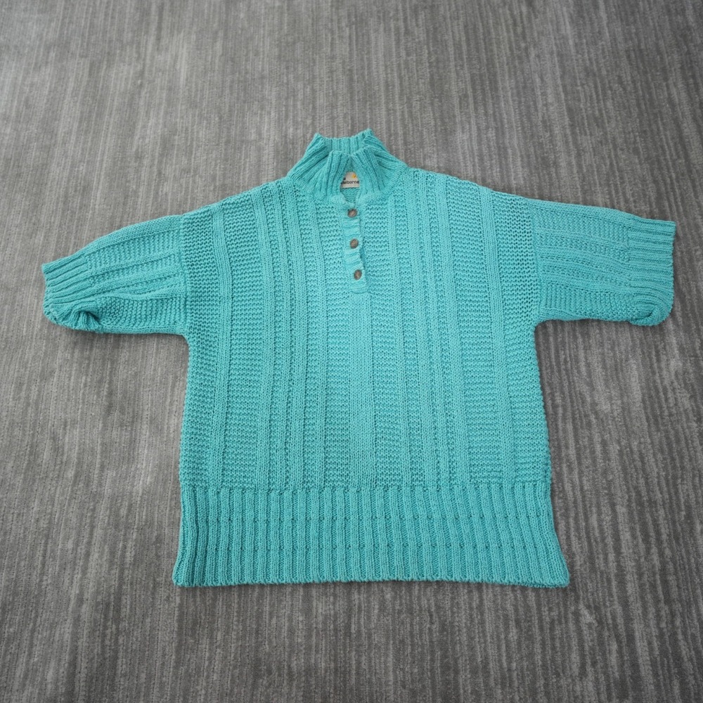 Liz Claiborne Vintage Sweater Women Ramie‎ Short Sleeve Teal Mock Neck Button M